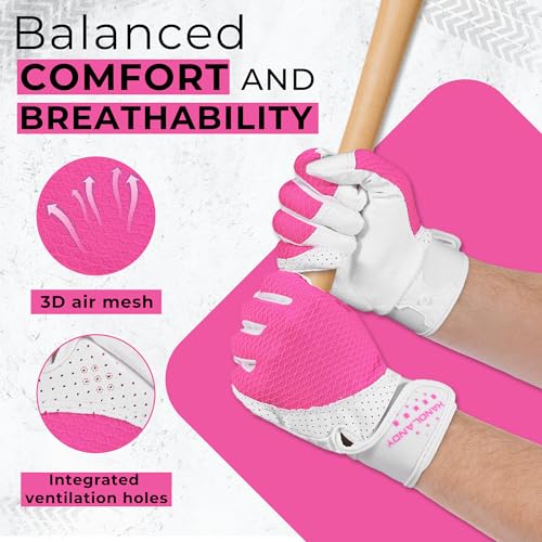 HANDLANDY Baseball Batting Gloves for Adult Youth, Grip Breathable Softball Batting Gloves Fit Men Kids Boys Girls - color: Pink-Adult, size: Adult Large