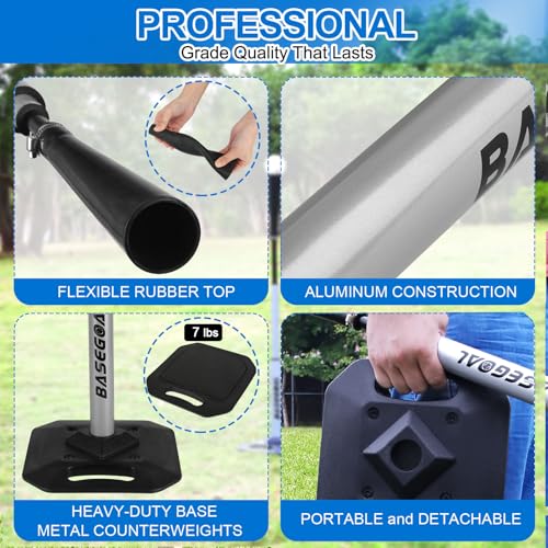 BaseGoal Baseball & Softball Batting Tee,Portable Hitting Tee,with Heavy Duty Base,Rolled Flexible Rubber Top,Adjustable Height for Kids or Adults - color: Gray