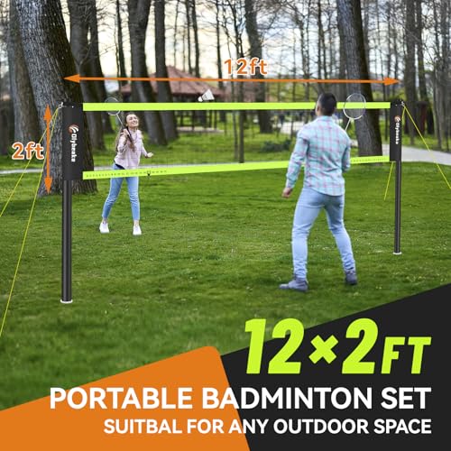 12ft Badminton Net Set for Backyard Beach with Durable Anti-Sagging Net, Heavy Duty Poles, 2 Aluminum Badminton Rackets, 3 Shuttlecocks, Carry Bag - Easy Setup & High Stable