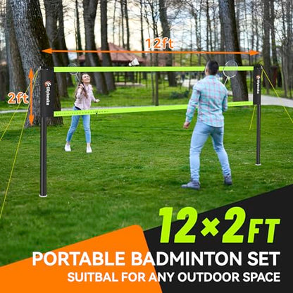 12ft Badminton Net Set for Backyard Beach with Durable Anti-Sagging Net, Heavy Duty Poles, 2 Aluminum Badminton Rackets, 3 Shuttlecocks, Carry Bag - Easy Setup & High Stable