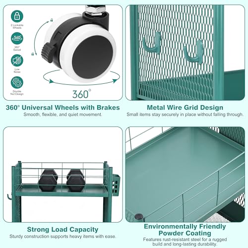 3-Tier Rolling Storage Cart Metal Utility Cart with Wheels, Office Organizer with Hanging Cups, Hooks, Book Snack Craft Mobile Shelving Unit for Office Kitchen Nursery - color: Green