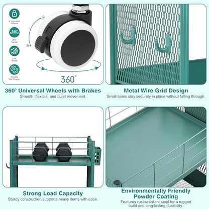3-Tier Rolling Storage Cart Metal Utility Cart with Wheels, Office Organizer with Hanging Cups, Hooks, Book Snack Craft Mobile Shelving Unit for Office Kitchen Nursery - color: Green