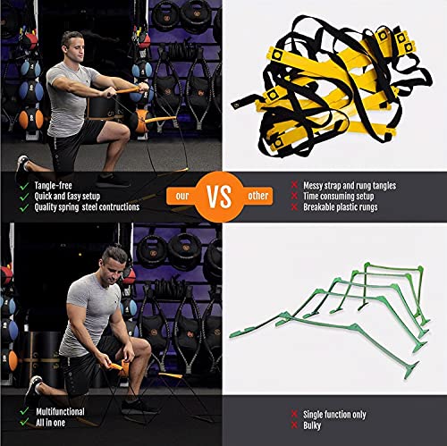 All-in-One Agility Ladder Agility Training Equipment Foldable Instant Set-up Tangle-Free Design 8+4 Rung Speed Ladder Workout Ladder with 12 Soccer Cones & 3 Resistance Band & 1 Storage Bag