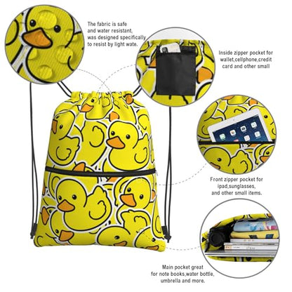Yellow Duck Drawstring Bag, Waterproof Drawstring Bckpack for Gym Sports Birthday Party Gift, Women Men Sackpack Bag with Front Zipper Pocket and Inside Zipper Pocket - color: Yellow Duck