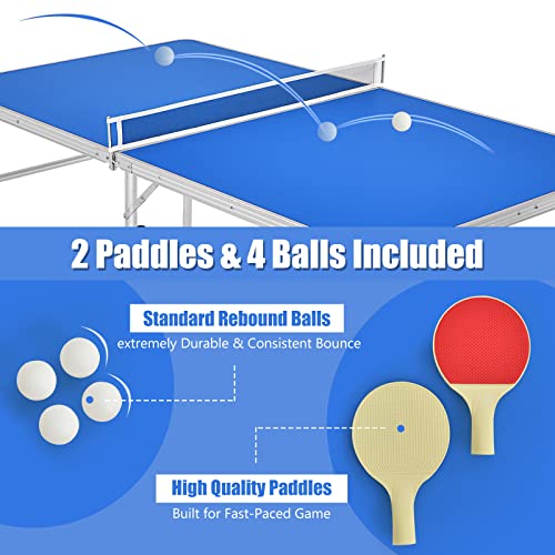 Goplus Foldable Ping Pong Table, 100% Preassembled, Table Tennis Table with Net, 2 Paddles, Ping Pong Balls, Portable Table Tennis Game Set for Indoor Outdoor - style: Blue-60''