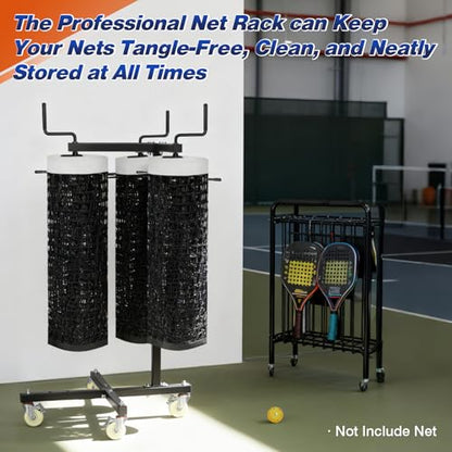 Movable Sports Net Storage Rack with Lockable Wheels, Heavy-Duty Holder for Volleyball, Tennis, Pickleball, Badminton Nets, Space-Saving Support Rack with Swivel Handle & Dust Covers - style: Holds 3 Nets