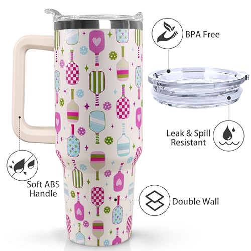 Ceovfoi 40 oz Pickleball Coffee Mug Vacuum Insulated Travel Tumbler with Handle, Lid & Straw - Perfect Pickleball Gifts for Players, Coaches, Lovers | Pickleball Accessories - color: Pickleball