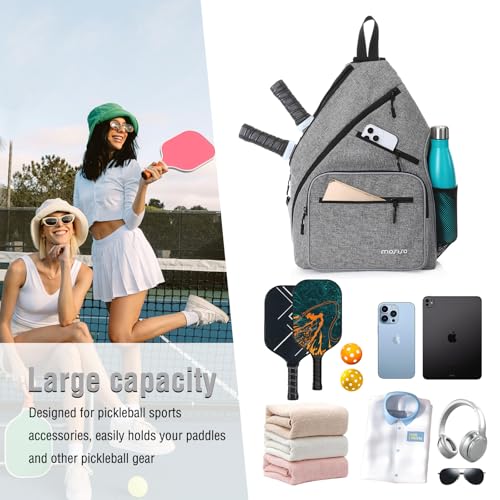 MOSISO Pickleball Bag for Women Men, Pickleball Backpack Sports Pickle Ball Paddle Daypack with 3 Front Pockets, Crossbody Sling Bag for Paddle Tennis Racket, Gray