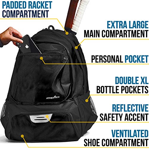 Athletico Premier Tennis Backpack - Tennis Bag Holds 2 Rackets in Padded Compartment | Separate Ventilated Shoe Compartment | Tennis Bags for Men or Women - color: Black
