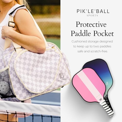 Pik’le’Ball Sport Premium Women's Pickleball Bag – Stylish and Versatile Sports Bag with Water Bottle Holder, Padded Paddle Pocket, and Spacious Design (fits 2+ Paddles!) - color: Checkered Chic Tan