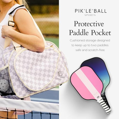 Pik’le’Ball Sport Premium Women's Pickleball Bag – Stylish and Versatile Sports Bag with Water Bottle Holder, Padded Paddle Pocket, and Spacious Design (fits 2+ Paddles!) - color: Checkered Chic Tan