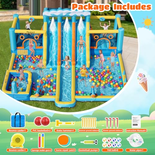 FBSPORT Inflatable Bounce House Water Slide, 3 Slides & 2 Bouncers 10-in-1 Water Slide Park Bounce House with 950W Blower, Bouncy Castle for Kids Backyard Party Outdoor, with Water Gun, Splash Pool