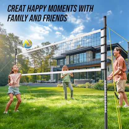 Outdoor Volleyball Net Set for Backyard & Beach, 32FT Regulation Size, Easy Setup Adjustable Height Poles, Portable Net System with PU Volleyball, Pump & Carry Bag