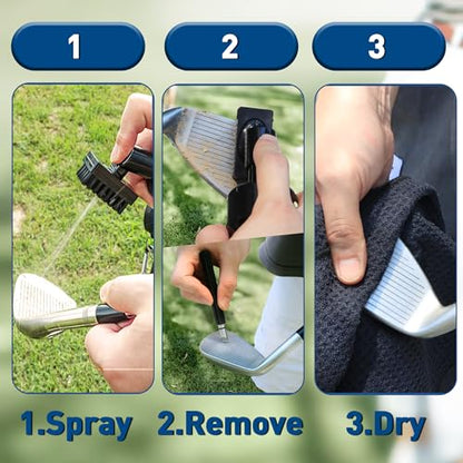 Golf Club Cleaner Brush, Golf Groove Sharpener Tool & Golf Towel, Golf Water Brush with Spray Bottle & Retractable Clip - Holds 5oz of Water, Essential Golf Accessories for Men for Golfer