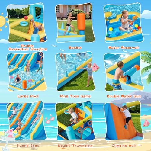 FBSPORT Inflatable Bounce House Water Slide, 3 Slides & 2 Bouncers 10-in-1 Water Slide Park Bounce House with 950W Blower, Bouncy Castle for Kids Backyard Party Outdoor, with Water Gun, Splash Pool