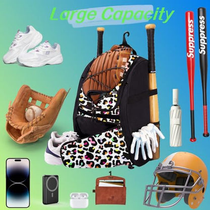 Youth Softball Equipment Bag with Vented Shoe Compartment, Baseball Bat Bag, Fence Hook, for Batting Mitten, Helmet, Teeball Gear, Adult Boys Girls Kids - color: Color Leopard