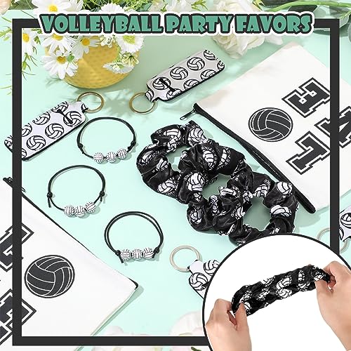 Tigeen 60 Pcs Volleyball Gifts for Teen Girls Volleyball Drawstring Gift Bags Charm Bracelet Hair Scrunchies Makeup Bag Lipstick Holders Keychain Sports Party Supplies