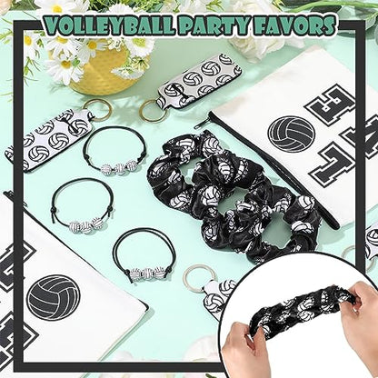 Tigeen 60 Pcs Volleyball Gifts for Teen Girls Volleyball Drawstring Gift Bags Charm Bracelet Hair Scrunchies Makeup Bag Lipstick Holders Keychain Sports Party Supplies