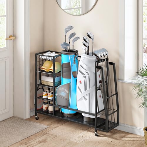 HOOBRO Golf Bag Storage Garage Organizer, Golf Bag Storage Stand Fits 2 Golf Bags and Golf Equipment Rack with Wheels, Extra Storage Rack for Garage, Club, Basement, Black BK49CJ01