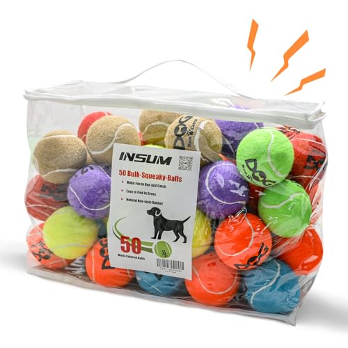 INSUM Squeaky Tennis Balls for Dogs - Bulk 50 Pack 2.5'' Durable Non-Toxic Outdoor Dog Toys Balls with Mesh Bag, SGS Certified, Colorful Fetch Toys, Medium Large Breeds - color: Squeaky - Pack of 50, size: Medium