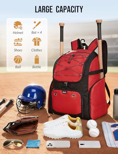 Baseball Backpack for Adult Large Capacity Softball Bat Bag with Shoe Compartment & Wet Pocket Baseball Bag with Fence Hook for 4 Bats & Equipment