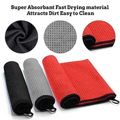 Golf Towel Microfiber Waffle Pattern Golf Towel | Brush Tool Kit with Club Groove Cleaner | Golf Divot Tool | Golf Accessories for Men - color: Red