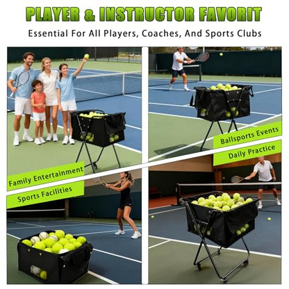 Tennis Ball Hopper Cart with 4 Wheels，Foldable Large Capacity Pickleball & Tennis Ball Collector for Court Training, Coaching