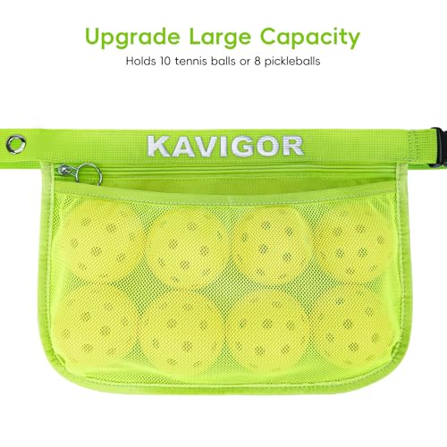 KAVIGOR Tennis & Pickleball Ball Holder Waist Pouch Holds 8-10 Balls, Multi-Functional Sports Belt Bag with Zipper Pocket and Carabiner - color: Green