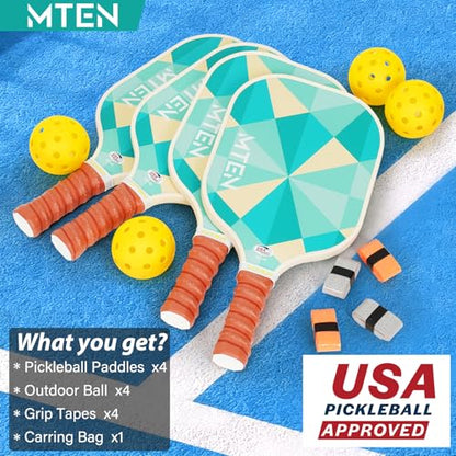 Pickleball Paddles Set of 2 or 4, or Single Paddle – USAPA Approved Fiberglass Surface Pickleball Rackets Set for Men & Women - color: Lake white*4