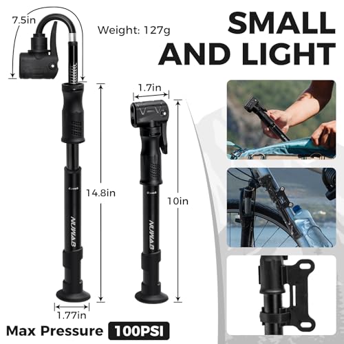 NUWAB Mini Bike Pump, 10 Inch Portable Hand Bicycle Pump, 100PSI, Support Shrader and Presta, Fast Air Out Ball Pump, Work with All Bikes and Balls, Swimming Ring, Come with Ball Needles, Nozzles