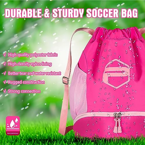 Soccer Ball Bags, Drawstring Basketball Backpack for Sport Training with Ball Shoe Dry and Wet Compartments(Pink)
