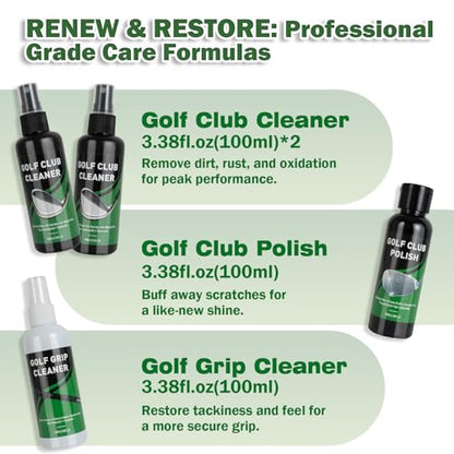 Golf Club Cleaning Kit, 8-in-1 Club Care Set with Cleaner, Brush, Groove Sharpener, Grip Cleaner, Polish, Magnetic Towel, Ball Towel & Portable Bag - Restores Shine, Removes Rust, Renews Grip