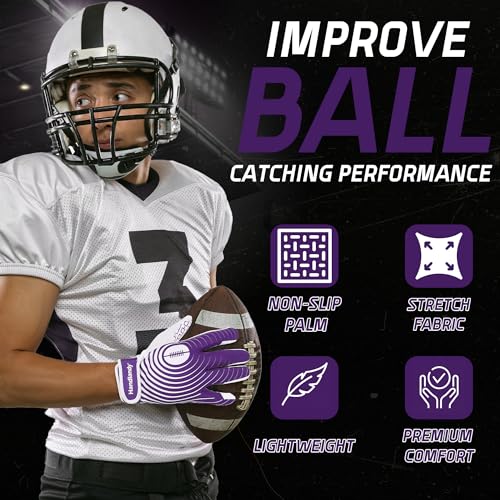 HANDLANDY Youth Football Gloves, Kids Sticky Receiver Gloves,Super Grip Football Glove Best Gift for Boys,Girls - color: White and Purple, size: X-Small-Youth