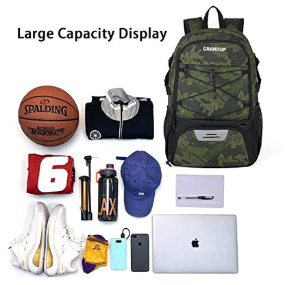 GRANDUP Basketball backpack with ball and shoes compartment Fit Volleyball, soccer, Swim, Gym, Travel, and School, large capacity sports training equipment bags - color: camo art