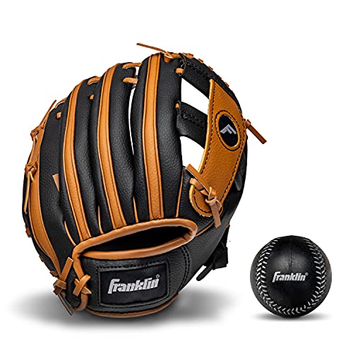 Franklin Sports Kids Baseball Gloves - RTP Youth Teeball Glove + Ball Set - Boys + Girls Teeball Mitt - 9.5" - color: Black/Tan