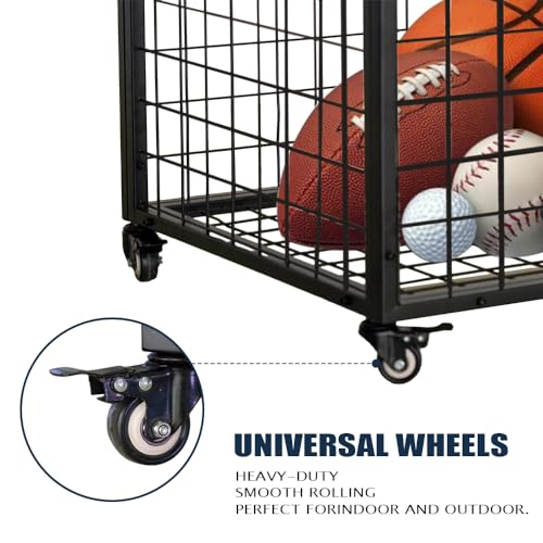 Yeeoy Rolling Sports Ball Storage Cart, Multi Large Sports Equipment Organizer Holder with Lockable Lid, Indoor Outdoor Ball Cage Bin Sport Rack for Gym, School, Club