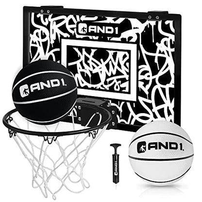 AND1 Over the Door Mini Basketball Hoop: 18x12 Shatterproof Backboard, 2 Mini Basketballs, and Hand Pump Included- Ultimate Indoor Basketball Accessory for Kids and Adults, No Tools Required