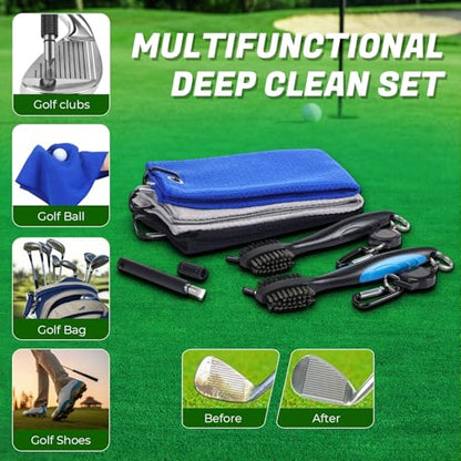 6 Pcs Golf Cleaning Kit, Golf Club Brush Groove Sharpener Cleaner Microfiber Towel with Carabiner Clip Set Sports Cleaning Tool Accessories for Men Women