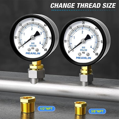 1/4" NPT 0-60Psi 2" Dial Face Well Pump Pressure Gauge, Lower Mount, Suitable for Water, Oil, Air Pressure Testing - size: 0-60Psi, style: 1/4"NPT Lower Mount