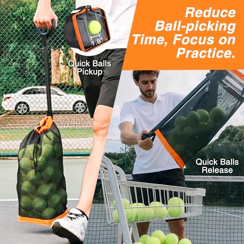 Tennis Ball Hopper,Lightweight Pickleball Picker Upper, Holds 50+ Tennis & 40+ Pickleballs, Portable and Adjustable Height for Court Training, Green Orange Black