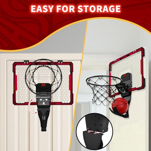 HYES Basketball Hoop Indoor, Mini Basket Ball Hoop with 7 LED Lighting, Scoreboard, Over Door Basketball Hoop with 3 Modes, Volume Adjustable, Foldable, Basketball Toys Gifts for Kids Adults - size: red- with remote controller