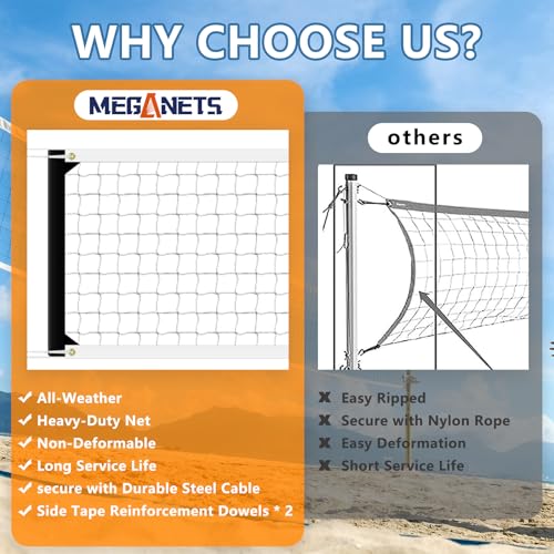 Volleyball Net Replacement Heavy Duty Outdoor Volleyball Nets with Steel Cable, 32x3FT Professional Volleyball Net for Backyard Volley Ball Net for Court Beach Pool Park(Net Only)