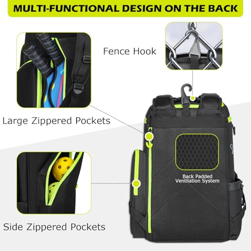 HAMBOLY Pickleball Bag for Men & Women, Large Pickleball Backpack with Shoes Compartment and Cooler, Fence Hook Design - color: Black + Green