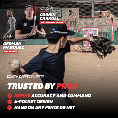 PowerNet Pitching Pad - 4 Pocket Softball Pitch Trainer with 7x7 FT Net, Realistic Catcher for Cages & Practice