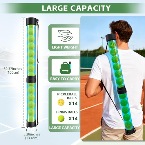 Tennis Ball & Pickleball Picker Holds 14 Balls, Ball Pickup Tube with Shoulder Strap, Lightweight Easy Pickup Portable Ball Holder, Pickleball & Tennis Ball Hopper - color: Light Blue