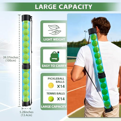 Tennis Ball & Pickleball Picker Holds 14 Balls, Ball Pickup Tube with Shoulder Strap, Lightweight Easy Pickup Portable Ball Holder, Pickleball & Tennis Ball Hopper - color: Light Blue
