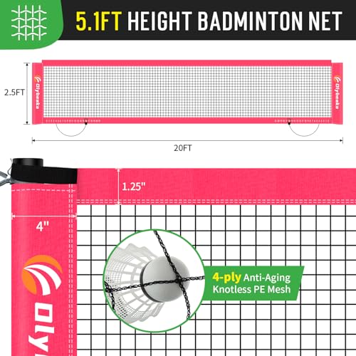 Outdoor Baminton Net Set for Backyard, Beach, Family Games with 20 * 3ft Anti-sag Net, 4 Aluminum Badminton Rackets, 3 Shuttlecocks, Carring Bag - Easy Set Up & Portable - color: Pink