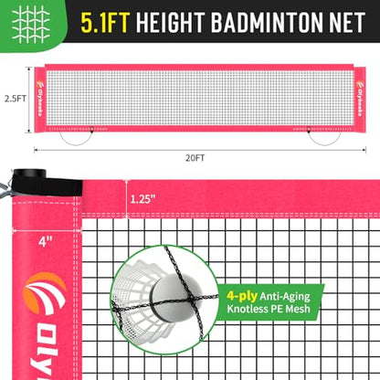 Outdoor Baminton Net Set for Backyard, Beach, Family Games with 20 * 3ft Anti-sag Net, 4 Aluminum Badminton Rackets, 3 Shuttlecocks, Carring Bag - Easy Set Up & Portable - color: Pink
