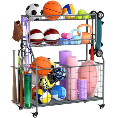WUC Sports Equipment Garage Organizer - Garage Ball Storage Rack with Basket, Hooks and Rolling Cart for Sports Gear and Toy Storage, Grey