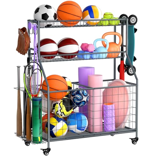 WUC Sports Equipment Garage Organizer - Garage Ball Storage Rack with Basket, Hooks and Rolling Cart for Sports Gear and Toy Storage, Grey